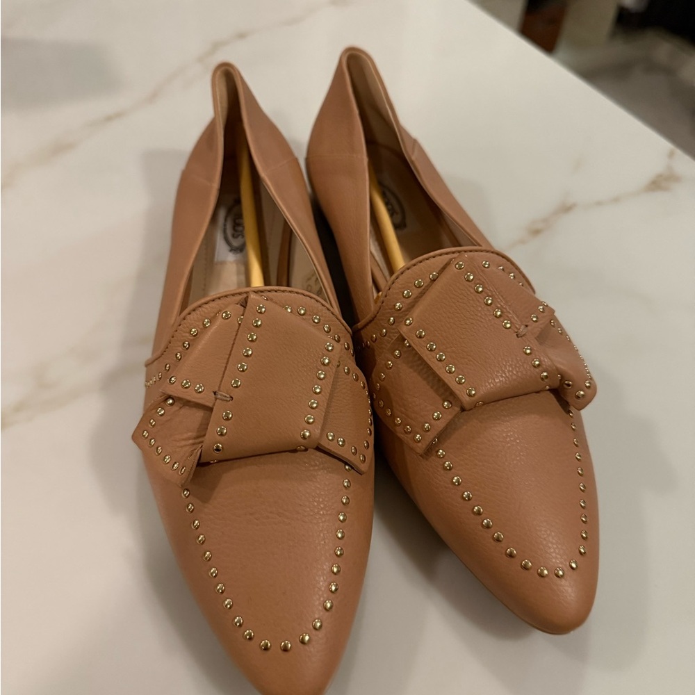 Tod's Tan Pointed Loafers with Gold Stud Embellishment